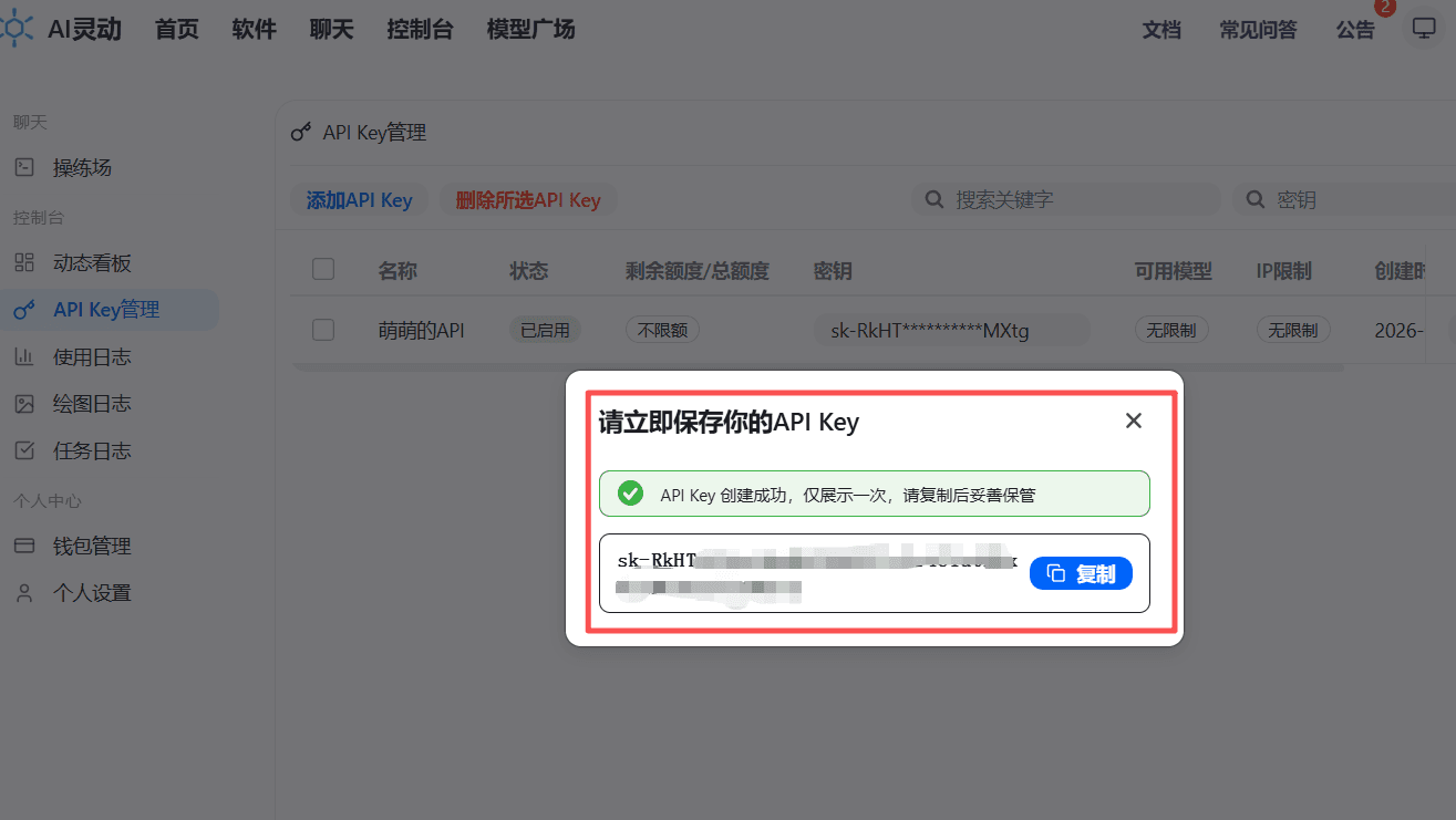 API Key 创建完成